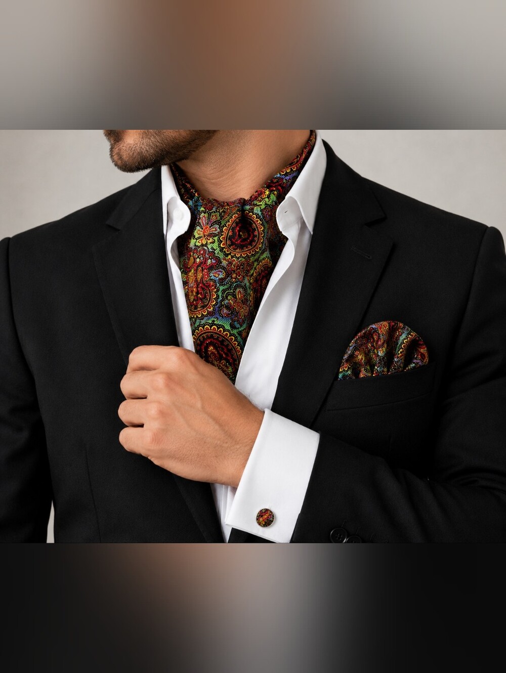 Men’s Paisley Ascot Cravat Tie Pocket Square & Cufflinks Set Multicolor
